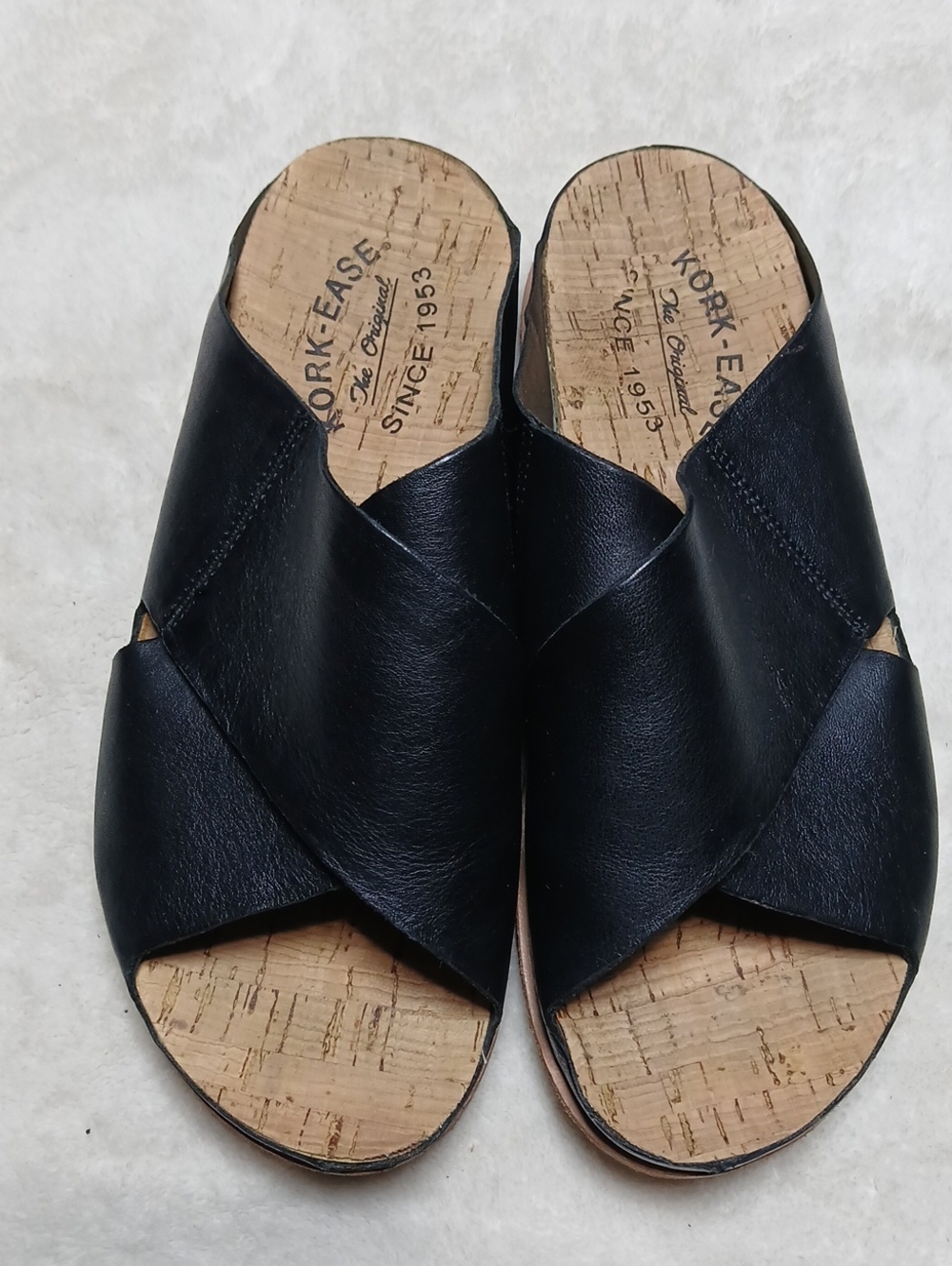 Kork-Ease Black Leather Crisscross Cork Slide Mules Size 7 M